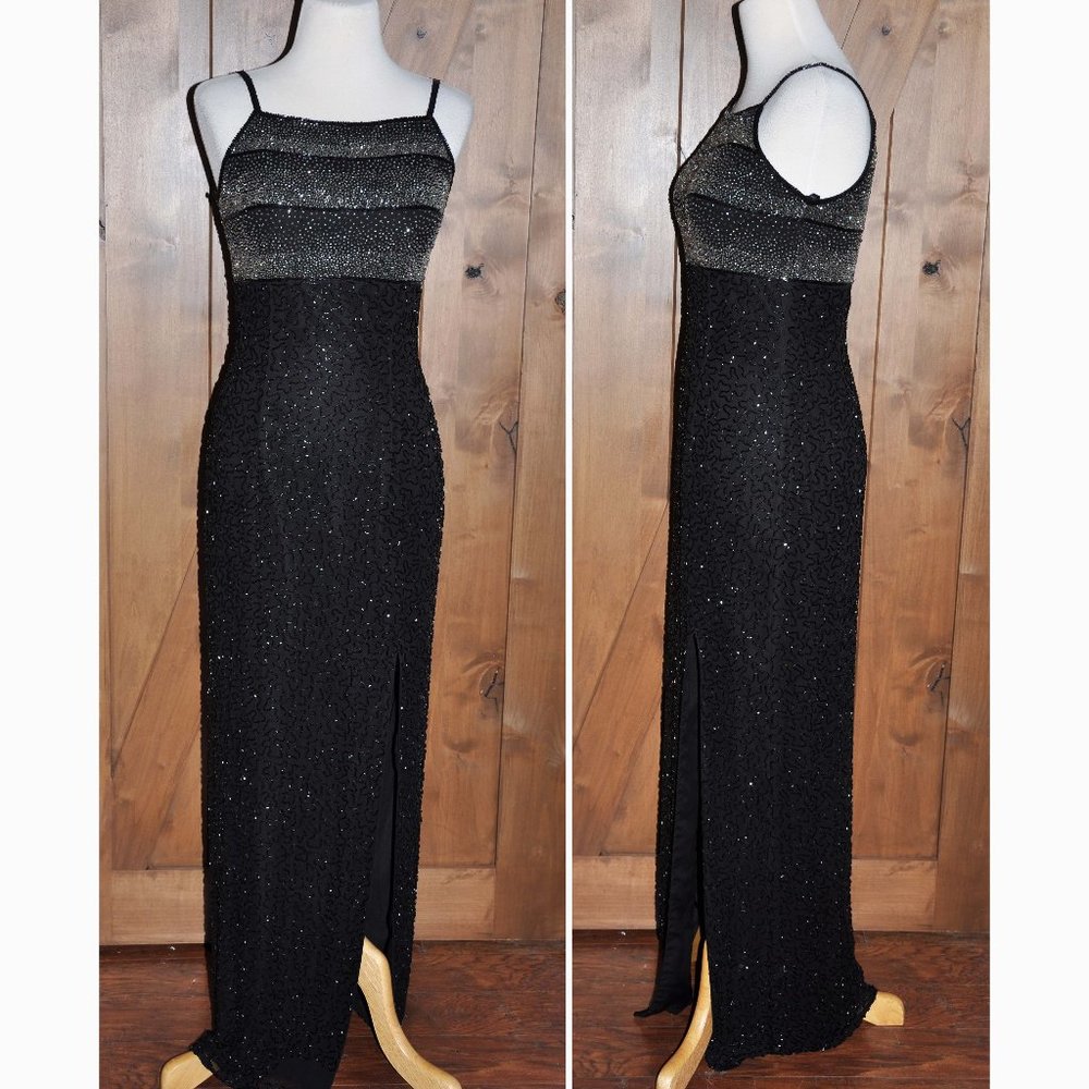 Sean Collection Black & Silver Silk Beaded Sexy Sequin Formal Evening Gown